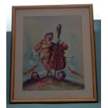 Framed Picture Depicting A Clown Playing A Double Bass, Unsigned, 20x16 Inches