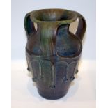 Unusual German Art Pottery Three Handled Vase With Thick Running Iridescent Glaze, c1902,