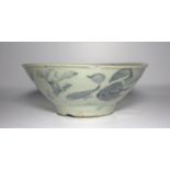 Late Ming Chinese Export Shallow Bowl, Celadon Glaze With Underglaze Blue Decoration, Unglazed