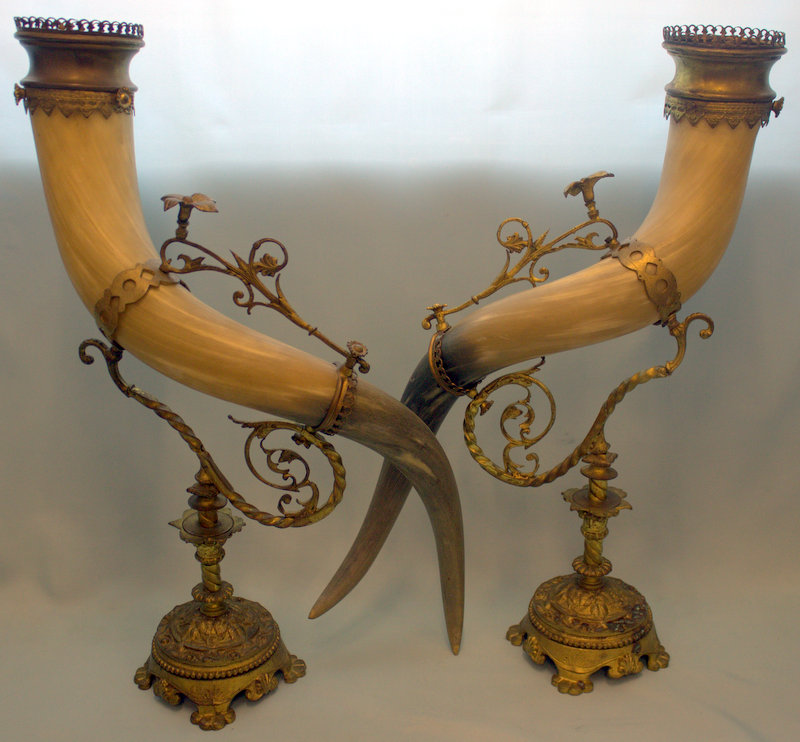 Pair Of Bronze Mounted Victorian Horn Vases, Height 25 Inches