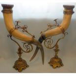 Pair Of Bronze Mounted Victorian Horn Vases, Height 25 Inches