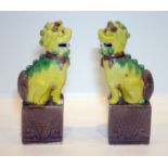 Pair Of Small Antique Chinese Temple Dogs With Famille Verte Coloured Glaze, Height 6 Inches