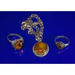 A Small Collection Of Amber Stone Set Jewellery Comprising A Silver Bracelet And 2 Rings