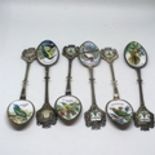 Collection of 6 vintage spoons with enamel bowls showing birds of New Zealand, Ouvenir of Tokoroa NZ