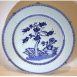 Two Antique Chinese Blue & White Chargers, Depicting Pine Trees To The Centre With Scholars Rock