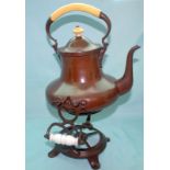 Large Early 19thC Copper Tea Kettle And Stand Of Bronze Pattination In The Oriental Style, Whale