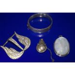 Small Mixed Lot Comprising A Silver Fully Hallmarked Hinged Bangle, A Large Stone Pendant, A White