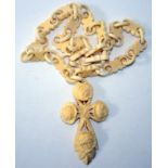 Victorian Ivory Fancy link Chain And Pendant Cross, Of Large Size With Floral Carving, Pendant
