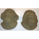 Pair Of Unusual Bretby Pottery Wall Pockets Depicting An Old Man And Woman Masks, Height Approx 4.