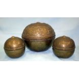 A Collection Of Decorative Hammered Brass Boxes three spherical boxes in anglo indian style with
