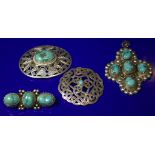 Collection Of Turquoise Coloured Stone Set Jewellery To Include 3 Brooches And A Pendant