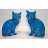 Chinese - Early 20th Century Turquoise Blue Glaze Cat Figures ( 2 ) 6.25 Inches & 6 Inches High.