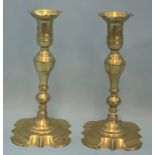 Pair Of Antique George I Petal Based Brass Candlesticks, Height 9.5 Inches