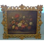 Antique Dutch Floral Oil Painting On Canvas, Roses And Tulips Signed Indistinctly JAN VAN BEESEN