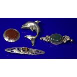 Collection Of 4 Brooches, To Include A Dolphin And Stone Set, 2 Stamped 925