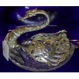 Large Silver Swan Jewellery/Trinket Dish, Cut Crystal Base, Swivel Silver Wings And Silver Neck,