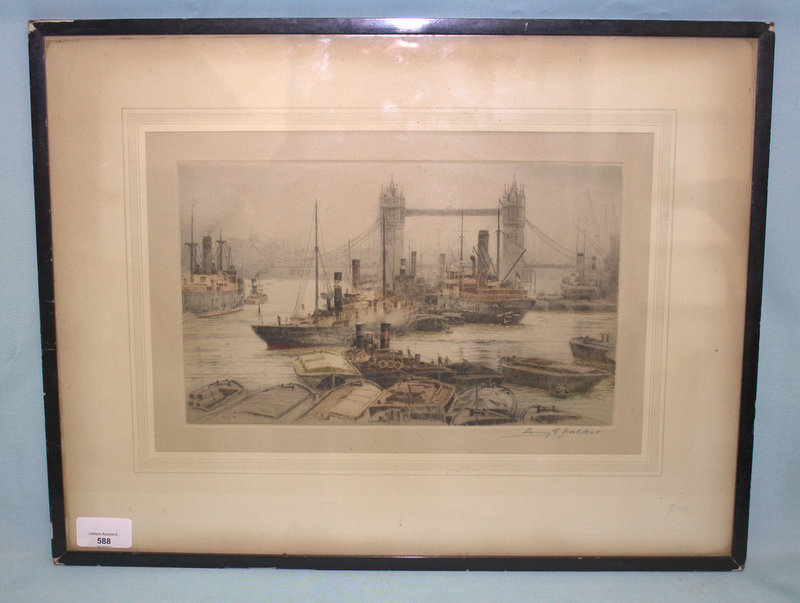 HENRY G WALKER Fine Coloured Etching Of Tower Bridge In The Pool Of London With Shipping, By