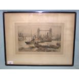 HENRY G WALKER Fine Coloured Etching Of Tower Bridge In The Pool Of London With Shipping, By