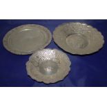 Collection Of 3 White Metal Embossed Plates/Bonbon Dishes, Largest Measures 20cm Diameter
