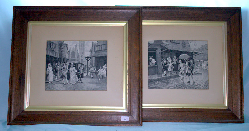 A Fine Pair of Victorian Black and White Prints on Silk, Within Period Oak Frames, London Street