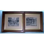 A Fine Pair of Victorian Black and White Prints on Silk, Within Period Oak Frames, London Street