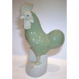 Antique Chinese Celadon Glazed Standing Cockeral, On Rocky White Glazed Base, Height 12 Inches