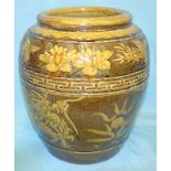 Antique Chinese Slipware Wine Jar Of Large Size, Decorated In Brown Glaze, Raised Decoration, Dragon