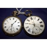 Two Silver Open Faced Pocket Watches, Both With White Enamelled Dials, Roman Numerals And Subsidiary