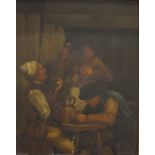 Antique Oil Painting On Panel, Interior Tavern Scene Showing Three Men Drinking And Smoking.