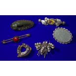 Collection Of 6 Brooches To Include A Silver Amethyst And Seed Pearl Set Butterfly, A Micro Mosaic