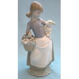 Lladro Figurine, Girl Holding Lamb With Basket Of Spring Onions