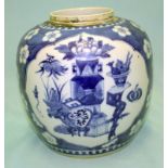 A LARGE KANG SHI PERIOD CHINESE BLUE AND WHITE GINGER JAR depicting antiquities and scholars table