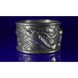 Japanese White Metal Napkin Ring, Moulded With Aquatic Life, With Japanese Script