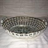 Dresden Style China Basket with open work sides, and handles at each end. Painted in green and