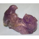 Antique Chinese Carved Amethyst Si Si Dog With An eagle Perched On His back, Length 2.5 Inches,