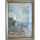 J S ELLIOT Watercolour Of A Harbour Quay Scene With Fisher Folk On The Beach, signed J.S. Elliot,