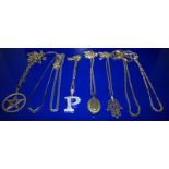 Collection Of 8 Silver Chains, Various Designs And Lengths Together With 3 Silver Pendants And A