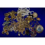 Mixed Lot Of Costume Jewellery To Include Brooches, Beads, Scarf Clip, Necklaces, Rings Etc.