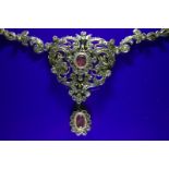 19thC Continental Diamond And Ruby Pendant Necklace, Leaf Floral Design Set With 200+ Diamonds