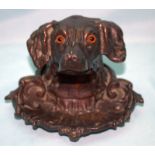 Rare Bronzed Coalbrookdale Style Cast Iron Dogs Head Inkwell, Inset Glass Eyes, Hinged Neck To