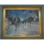 R KITCHEN Impressionist Oil On Board, Title April In Paris, Depicting Figures On A Boulevard,