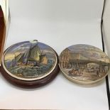 Two Prattware lids. Holburn Viaduct (unmounted) & Fishing Boats (Mounted). Chip to both