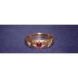 18ct Gold Gypsy Ring With Central Garnet With Seed Pearls To Each Side, Unmarked, Tests High