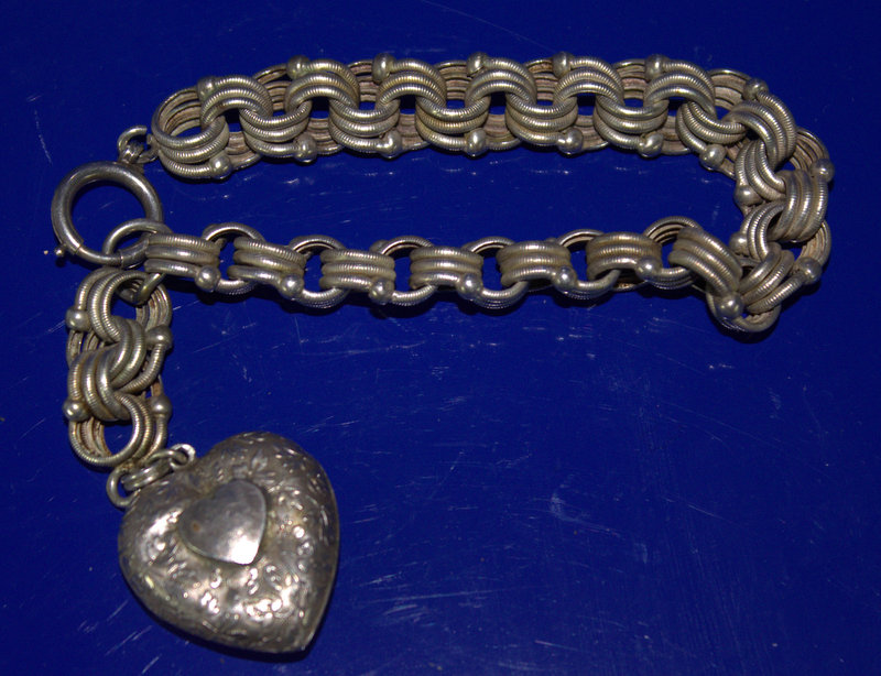 19thC Continental Silver Fancy Link Bracelet With Attached Heart Shaped Hollow Fob