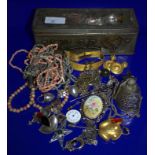 Old Tin Containing A Mixed Lot Of Costume Jewellery, Beads Etc, Some Silver