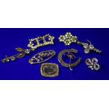 Collection Of 8 Vintage Brooches To Include A Silver Horseshoe With Riding Crop And Gold Isle Of Man