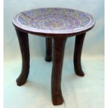 Antique African 4 Legged Stool, Glass Beads Inlaid To The Bowl Top, Height 13 Inches, Diameter 13