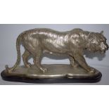 Large 20thC Silvered Bronze Sculpture Depicting A Majestic Standing Tiger, Mounted On A Black Marble