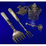 Small Mixed Lot Comprising 2 Mother Of Pearl Handled Forks, A White Metal Indian Scent Bottle