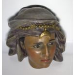 Antique Gold Pottery Cold Painted Head Of An Arab Girl, Finely Painted, 7 x 7 Inches